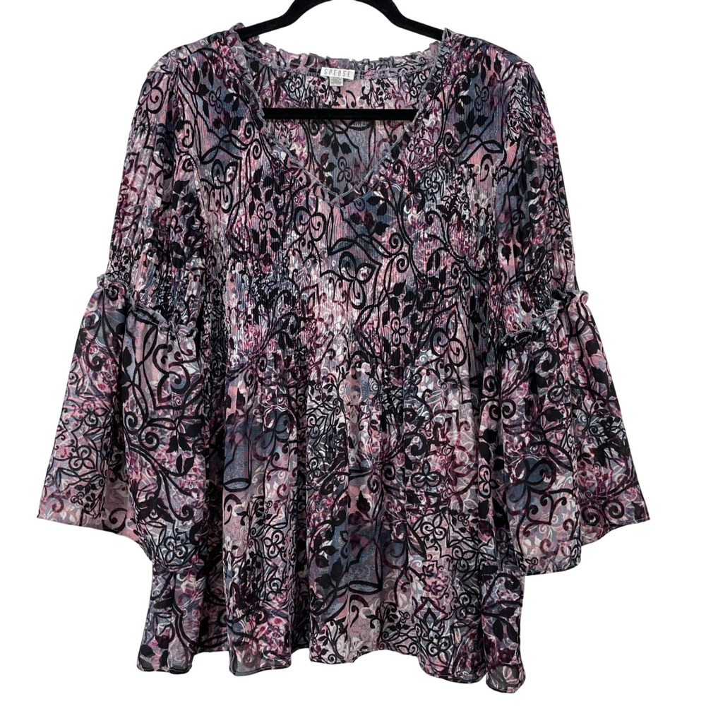 Spense Size Medium Boho Blouse Pink Purple Paisley Plissé Bell Sleeve V-Neck